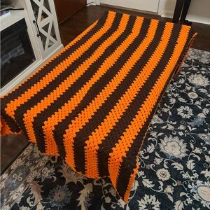 Vintage 70s Crochet Afghan Blanket Striped Orange Black Handmade 97x47 Retro